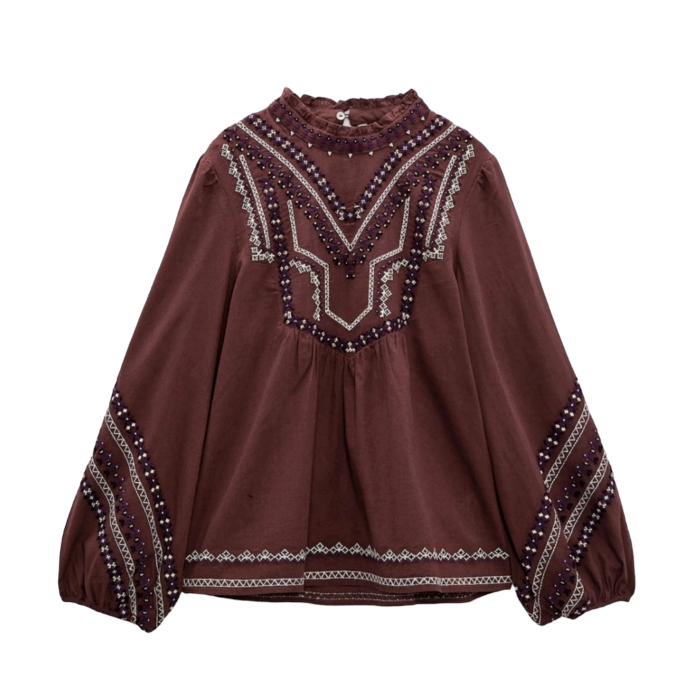 ZARA Boho Beaded/Embroidered Balloon Sleeve Top